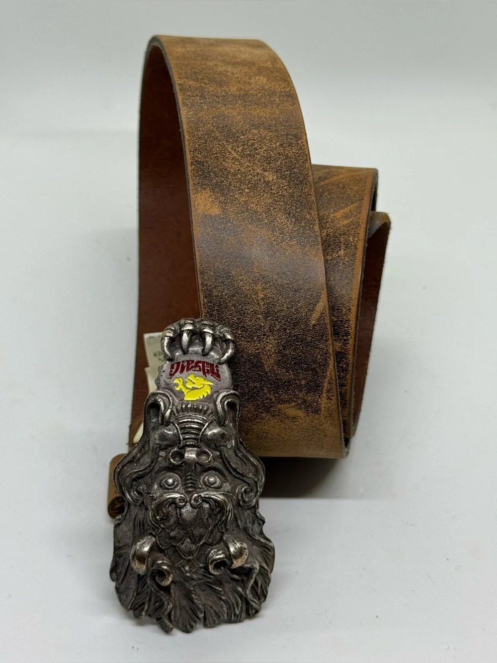 Diesel Distressed Brown Leather Belt with Dragon Buckle Wide Size 95 - Picture 4 of 5